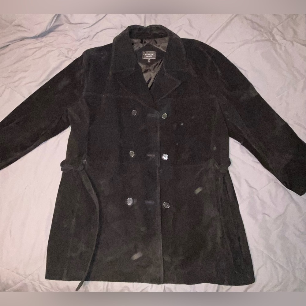 Classic Double-Breasted Black Suede Coat